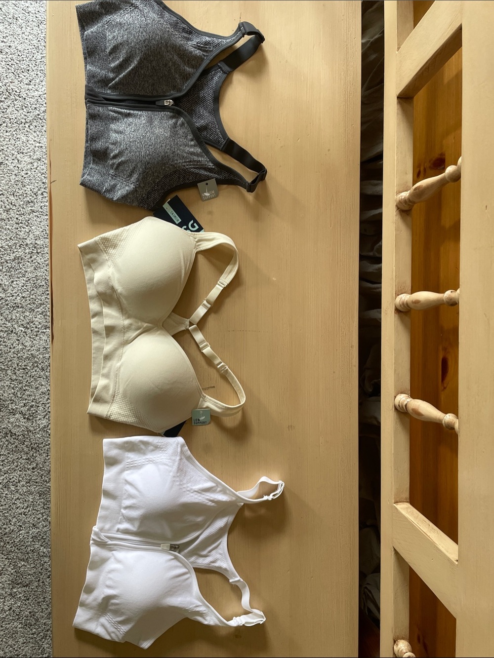 Three-Pack Activewear Bras — Cream, White & Gray